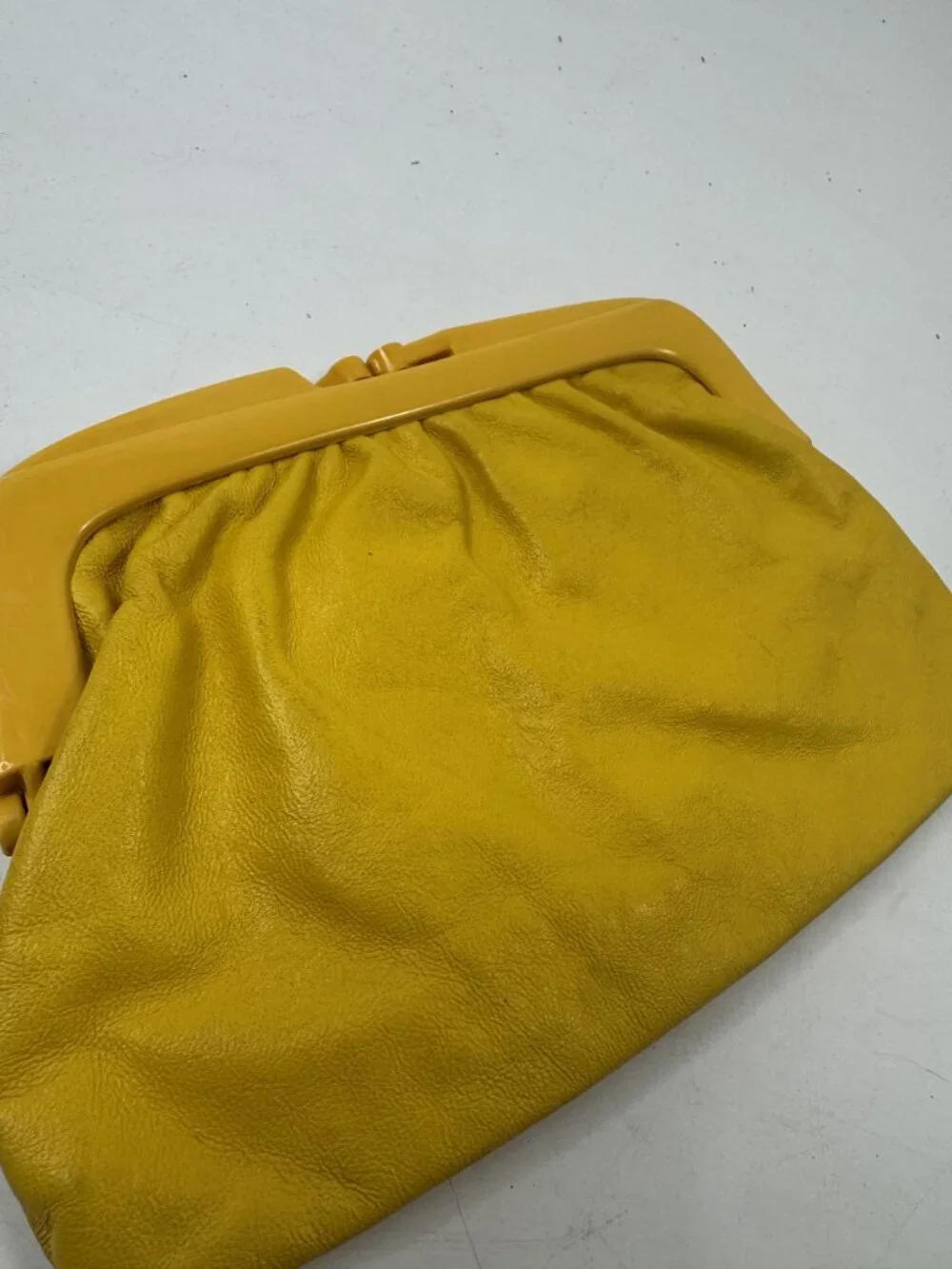 Vintage Yellow Leather Clutch Purse With Snap Closure & Fabric Interior Made In